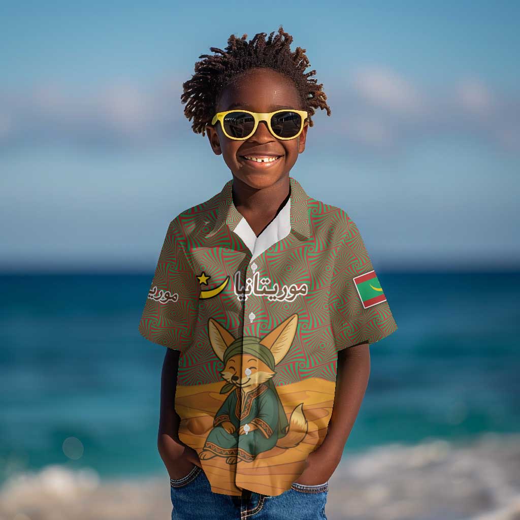 Mauritania Kid Hawaiian Shirt - Cute Fennec Fox and Arabic Calligraphy Desert Design