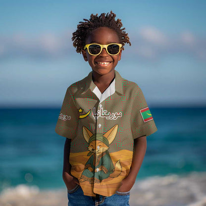 Mauritania Kid Hawaiian Shirt - Cute Fennec Fox and Arabic Calligraphy Desert Design