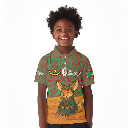 Mauritania Kid Polo Shirt - Cute Fennec Fox and Arabic Calligraphy Desert Design