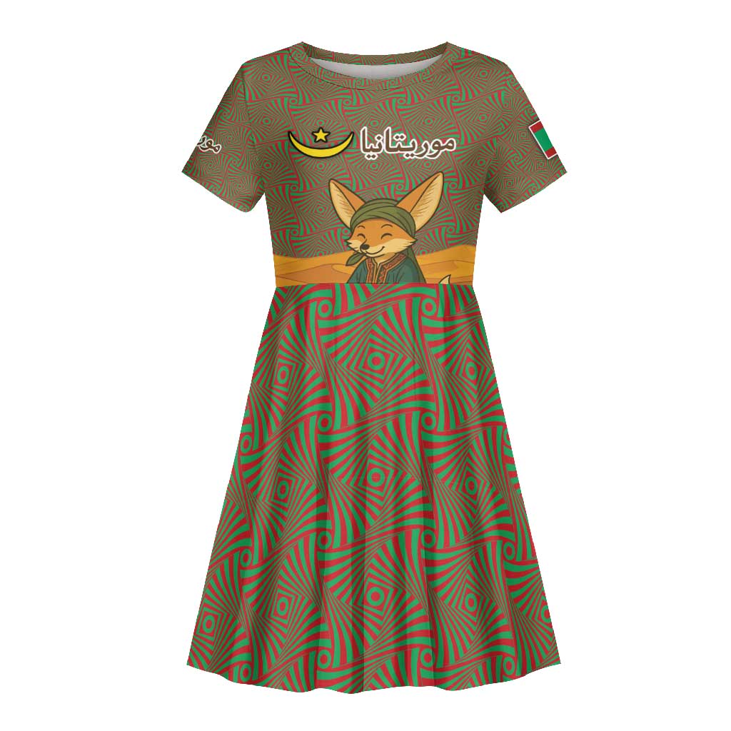 Mauritania Kid Short Sleeve Dress - Cute Fennec Fox and Arabic Calligraphy Desert Design