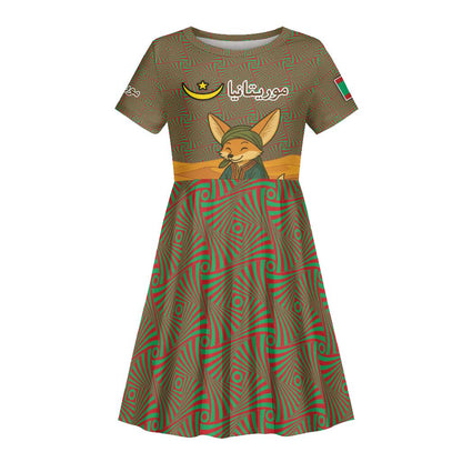 Mauritania Kid Short Sleeve Dress - Cute Fennec Fox and Arabic Calligraphy Desert Design
