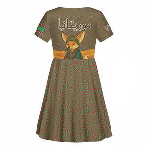 Mauritania Kid Short Sleeve Dress - Cute Fennec Fox and Arabic Calligraphy Desert Design