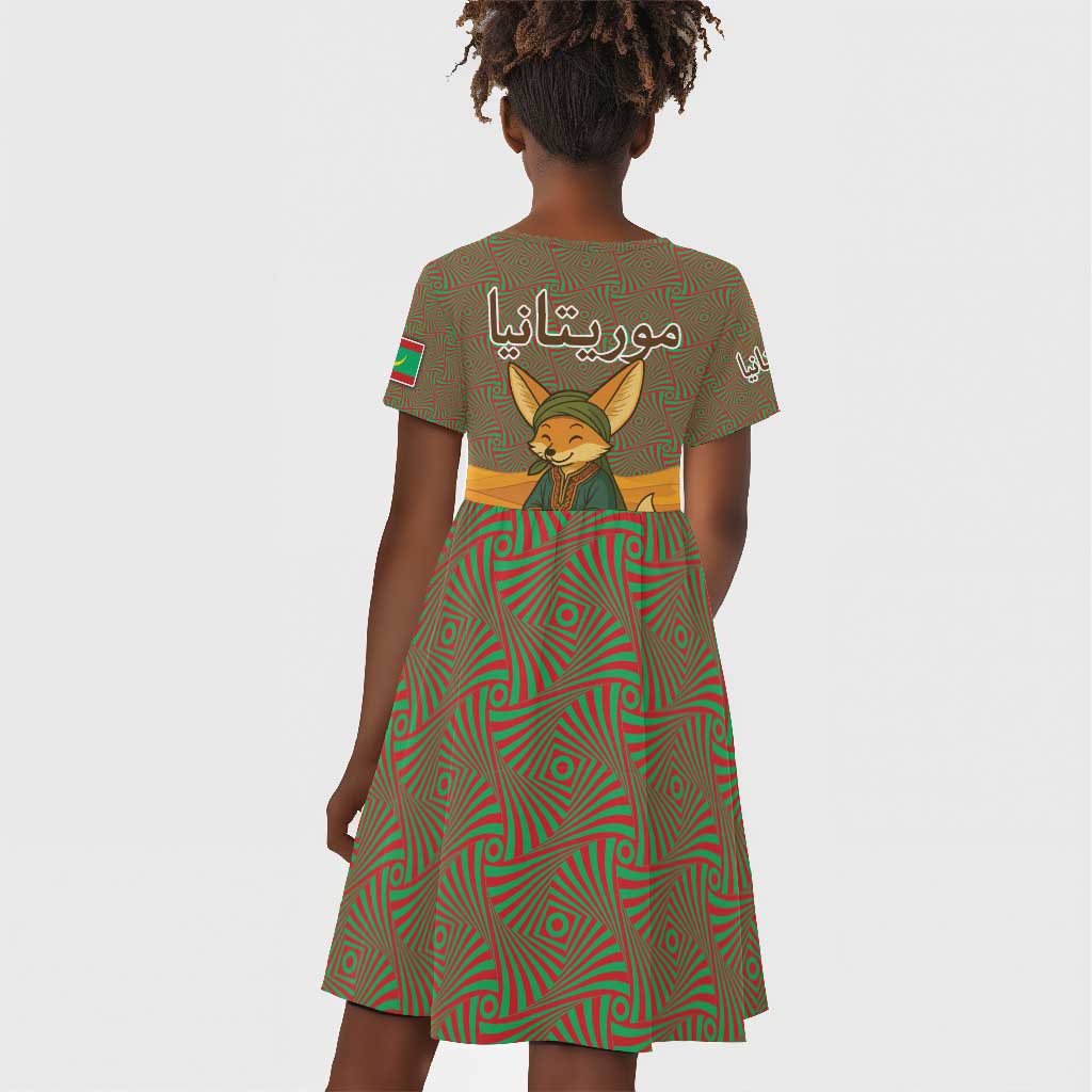 Mauritania Kid Short Sleeve Dress - Cute Fennec Fox and Arabic Calligraphy Desert Design