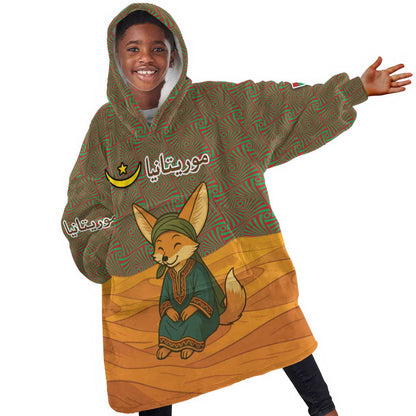 Mauritania Kid Wearable Blanket Hoodie - Cute Fennec Fox and Arabic Calligraphy Desert Design