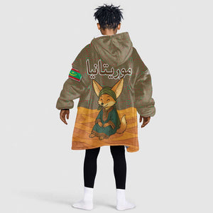 Mauritania Kid Wearable Blanket Hoodie - Cute Fennec Fox and Arabic Calligraphy Desert Design