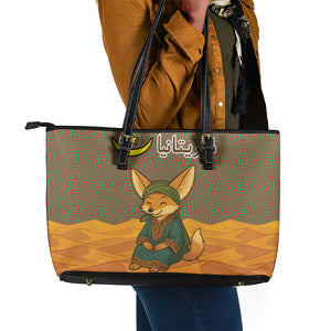 Mauritania Leather Tote Bag - Cute Fennec Fox and Arabic Calligraphy Desert Design