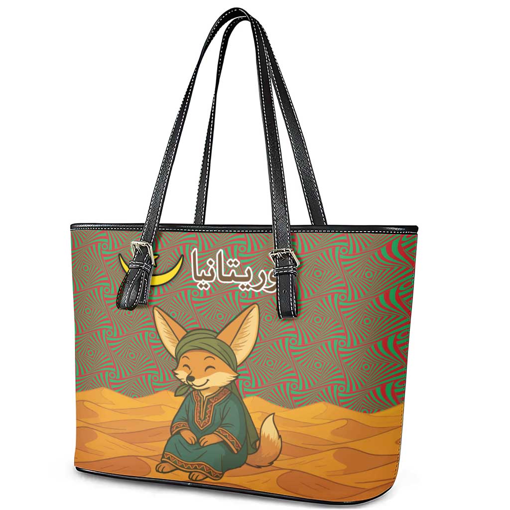 Mauritania Leather Tote Bag - Cute Fennec Fox and Arabic Calligraphy Desert Design
