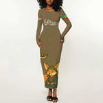 Mauritania Long Sleeve Bodycon Dress - Cute Fennec Fox and Arabic Calligraphy Desert Design TS04
