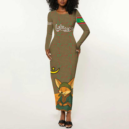 Mauritania Long Sleeve Bodycon Dress - Cute Fennec Fox and Arabic Calligraphy Desert Design TS04