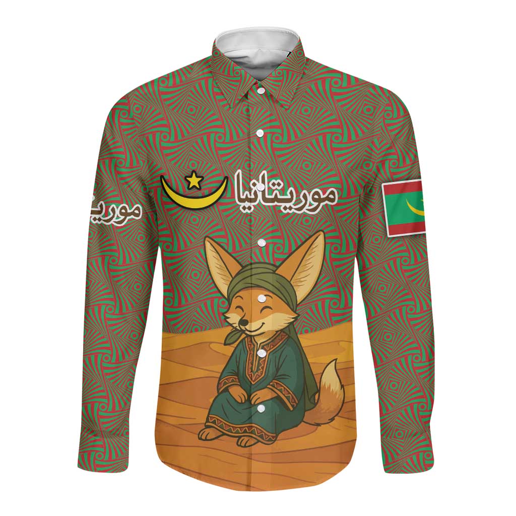 Mauritania Long Sleeve Button Shirt - Cute Fennec Fox and Arabic Calligraphy Desert Design