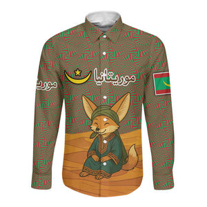 Mauritania Long Sleeve Button Shirt - Cute Fennec Fox and Arabic Calligraphy Desert Design