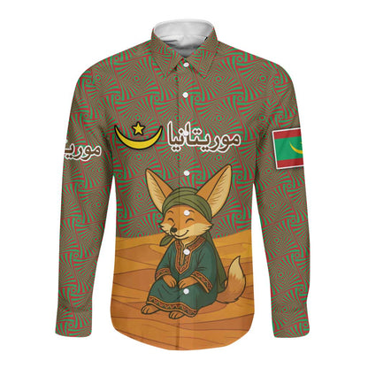 Mauritania Long Sleeve Button Shirt - Cute Fennec Fox and Arabic Calligraphy Desert Design