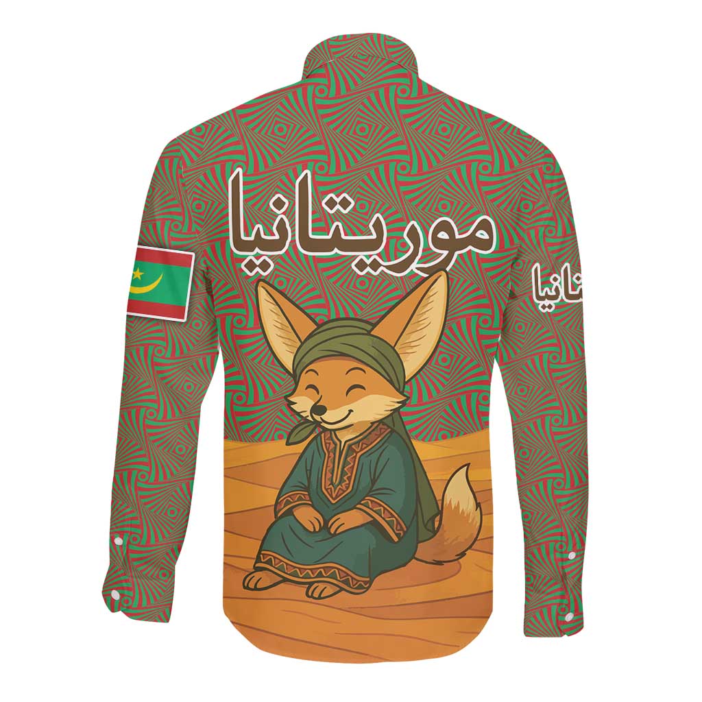 Mauritania Long Sleeve Button Shirt - Cute Fennec Fox and Arabic Calligraphy Desert Design