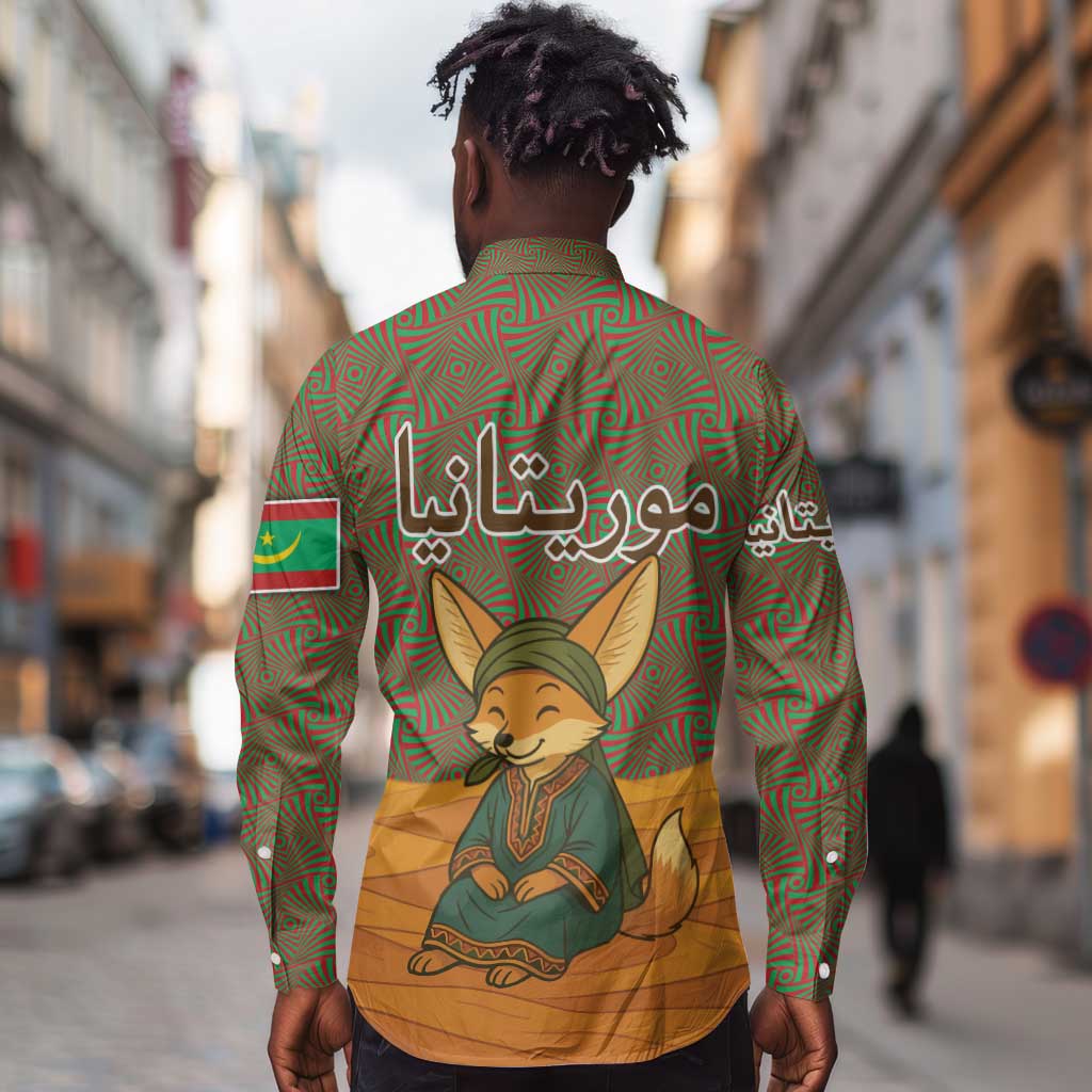 Mauritania Long Sleeve Button Shirt - Cute Fennec Fox and Arabic Calligraphy Desert Design
