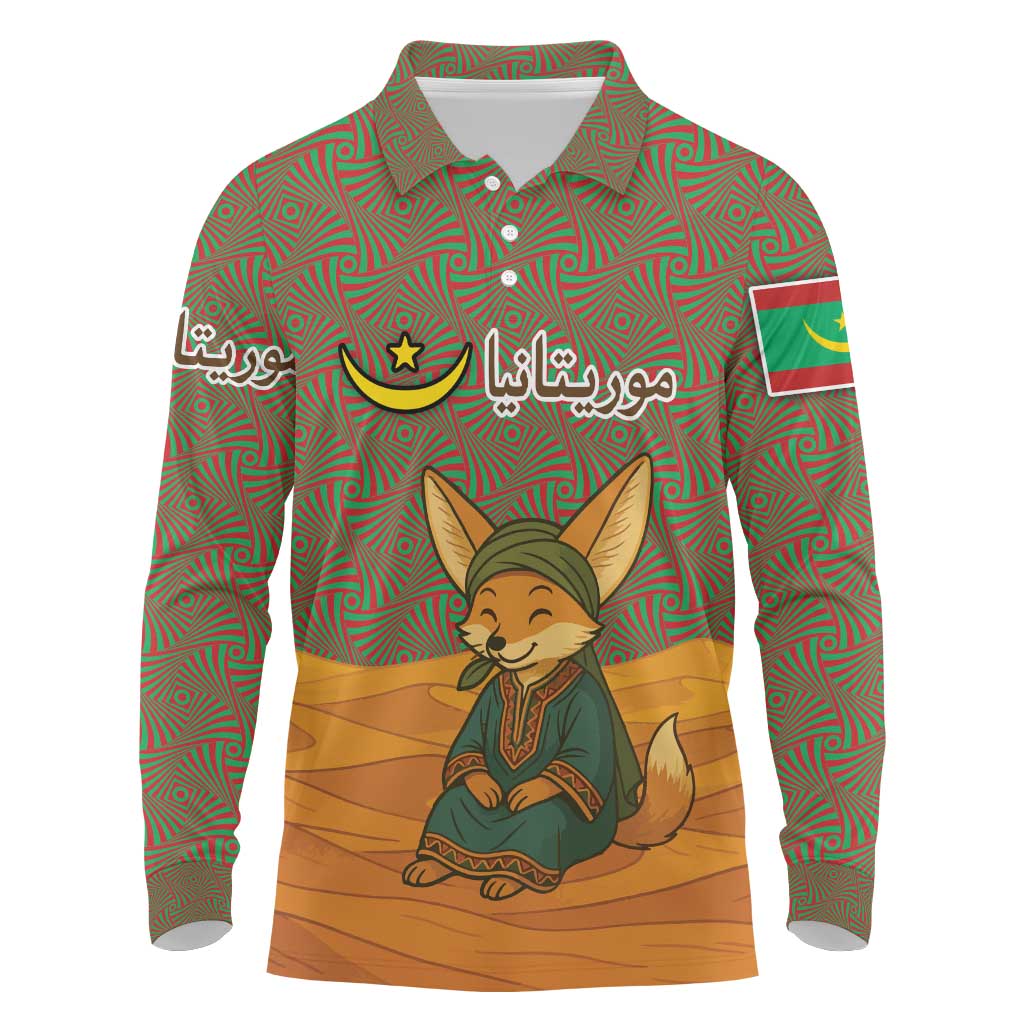 Mauritania Long Sleeve Polo Shirt - Cute Fennec Fox and Arabic Calligraphy Desert Design