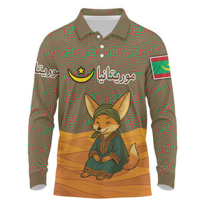 Mauritania Long Sleeve Polo Shirt - Cute Fennec Fox and Arabic Calligraphy Desert Design