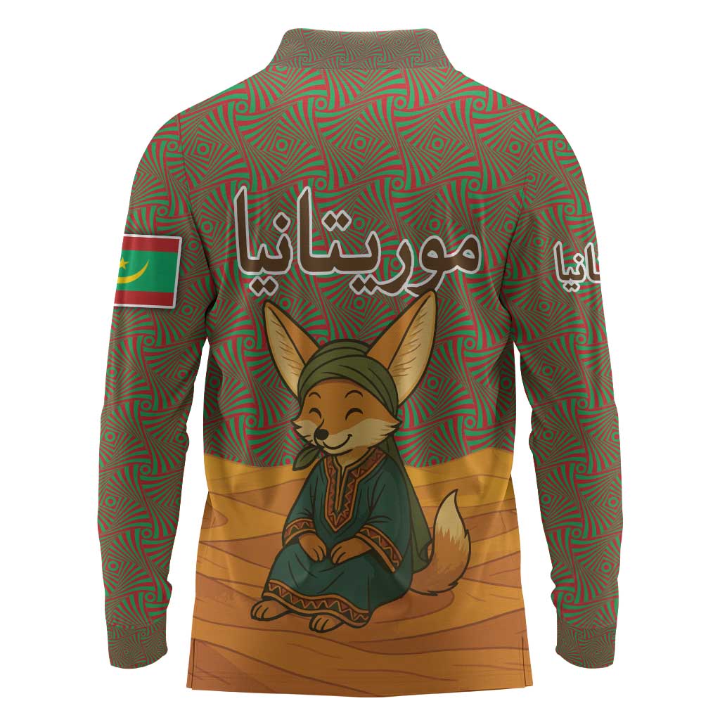 Mauritania Long Sleeve Polo Shirt - Cute Fennec Fox and Arabic Calligraphy Desert Design
