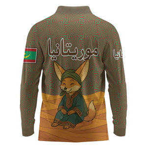 Mauritania Long Sleeve Polo Shirt - Cute Fennec Fox and Arabic Calligraphy Desert Design