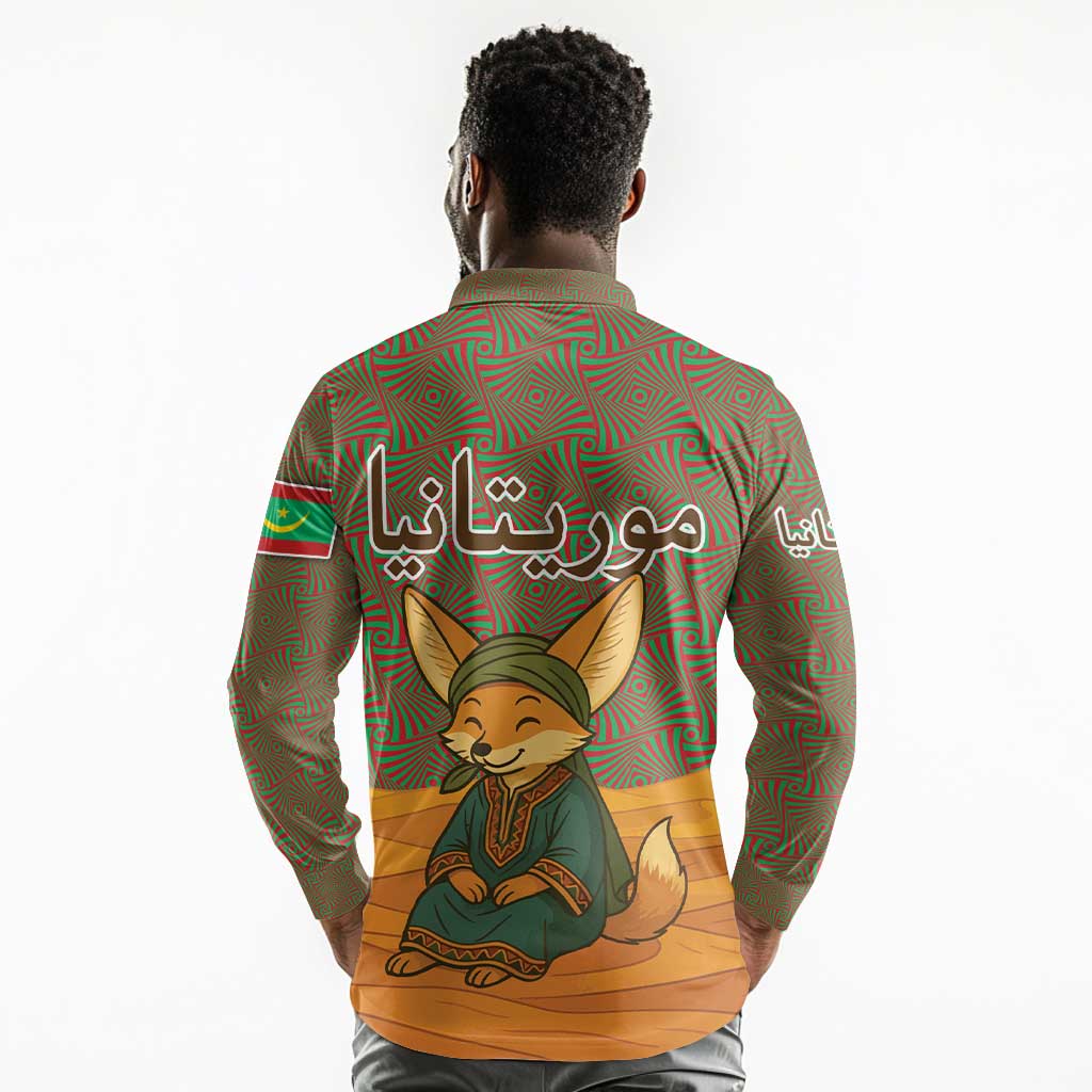 Mauritania Long Sleeve Polo Shirt - Cute Fennec Fox and Arabic Calligraphy Desert Design