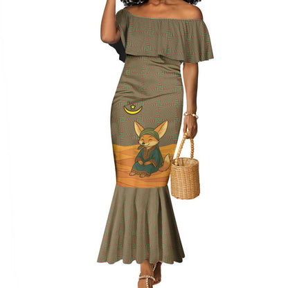 Mauritania Mermaid Dress - Cute Fennec Fox and Arabic Calligraphy Desert Design