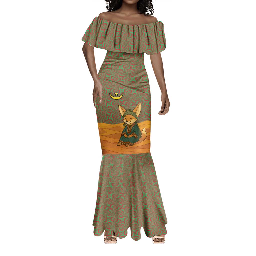 Mauritania Mermaid Dress - Cute Fennec Fox and Arabic Calligraphy Desert Design