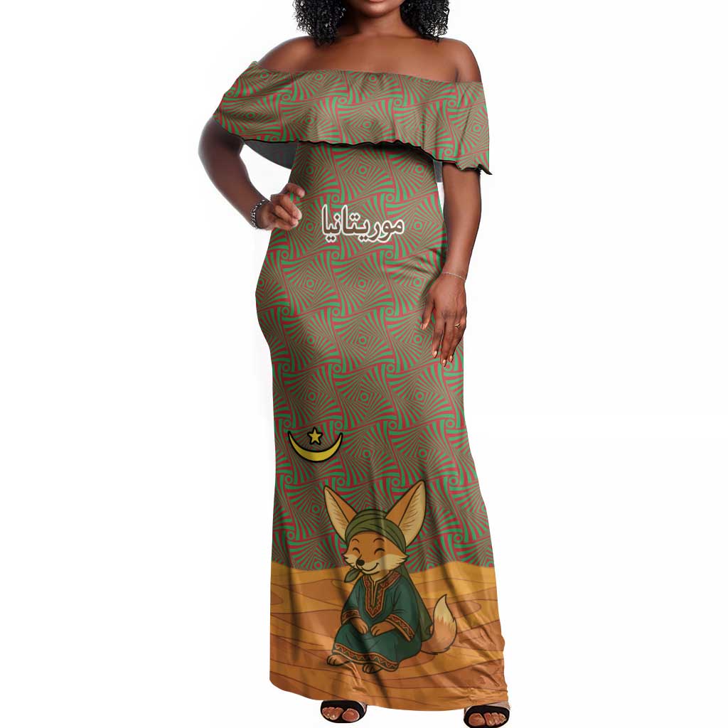 Mauritania Off Shoulder Maxi Dress - Cute Fennec Fox and Arabic Calligraphy Desert Design