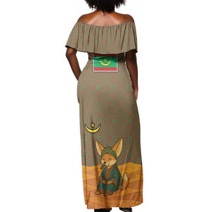 Mauritania Off Shoulder Maxi Dress - Cute Fennec Fox and Arabic Calligraphy Desert Design