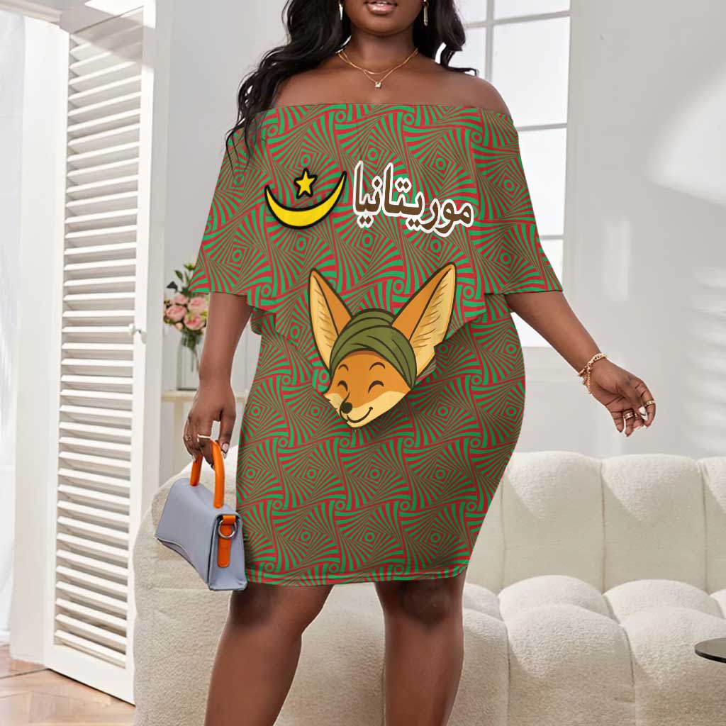 Mauritania Off Shoulder Short Dress - Cute Fennec Fox and Arabic Calligraphy Desert Design