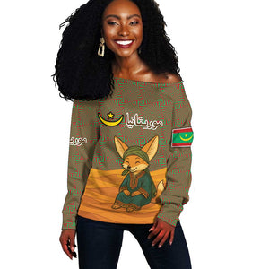 Mauritania Off Shoulder Sweater - Cute Fennec Fox and Arabic Calligraphy Desert Design