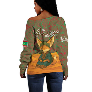 Mauritania Off Shoulder Sweater - Cute Fennec Fox and Arabic Calligraphy Desert Design