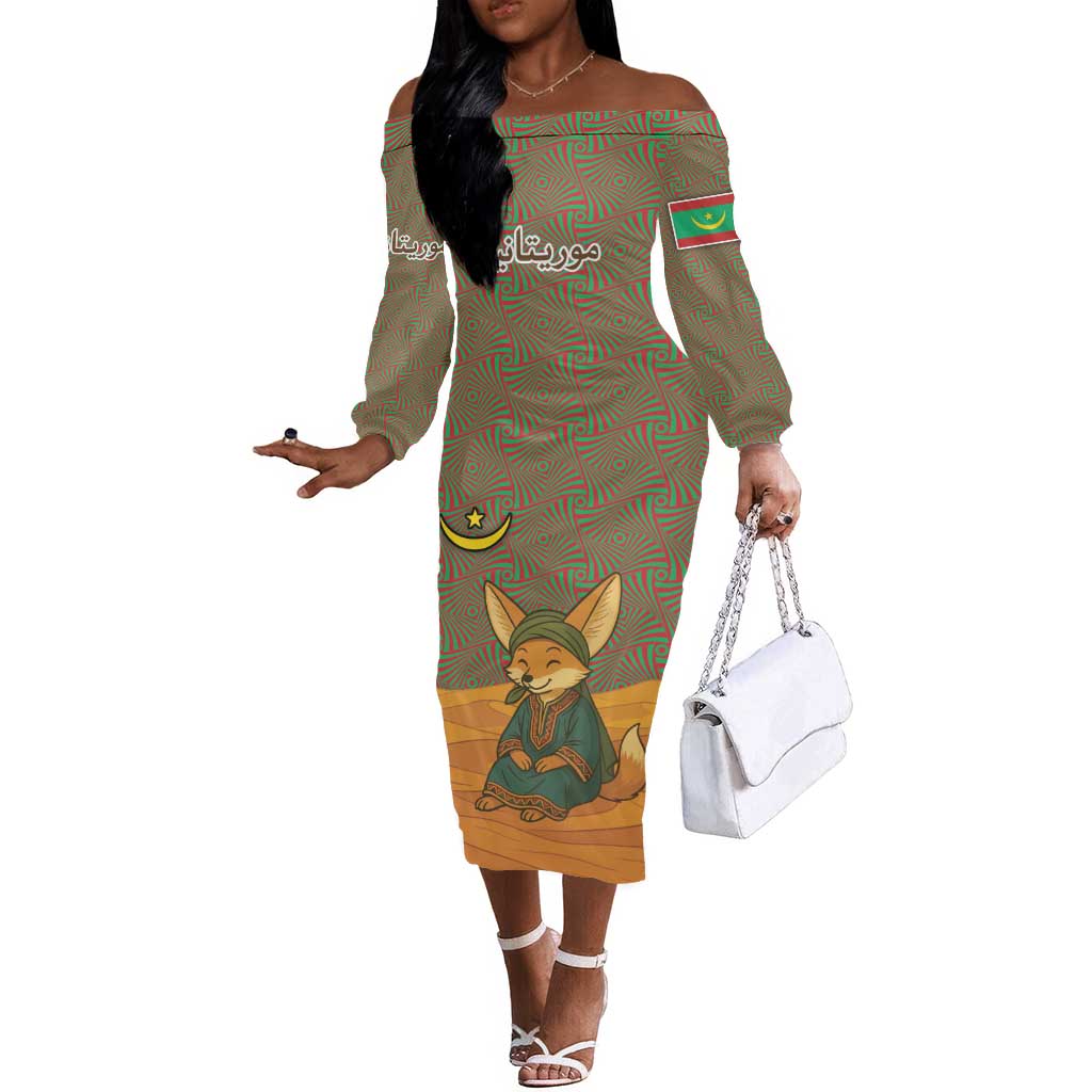 Mauritania Off The Shoulder Long Sleeve Dress - Cute Fennec Fox and Arabic Calligraphy Desert Design