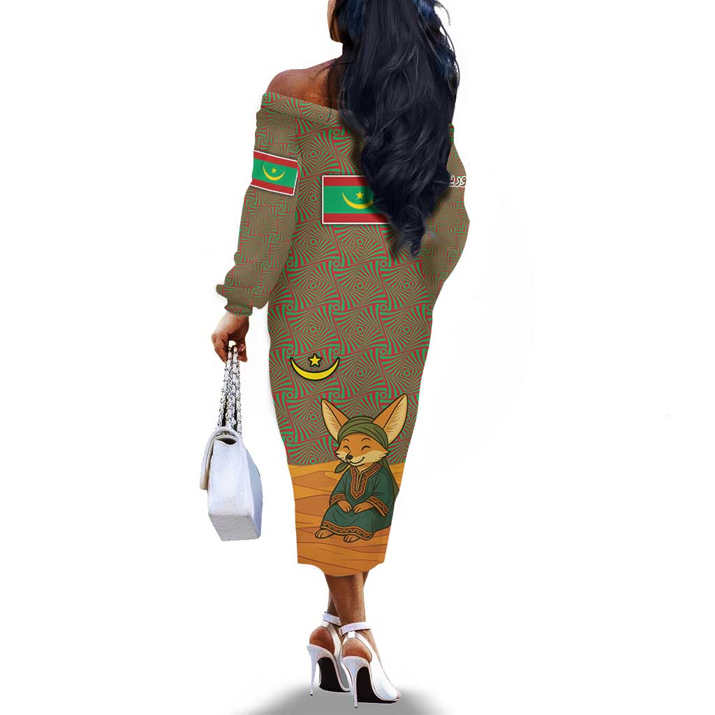 Mauritania Off The Shoulder Long Sleeve Dress - Cute Fennec Fox and Arabic Calligraphy Desert Design