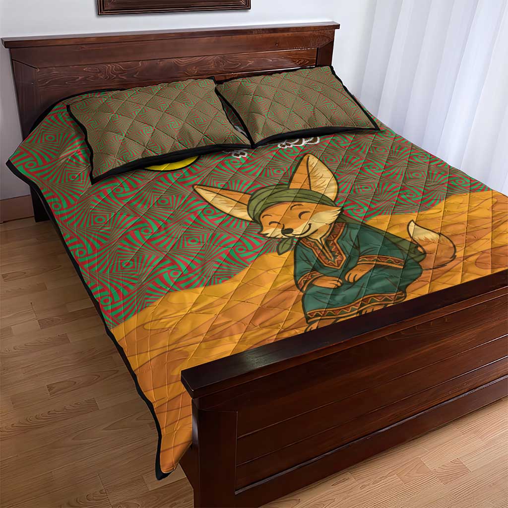 Mauritania Quilt Bed Set - Cute Fennec Fox and Arabic Calligraphy Desert Design