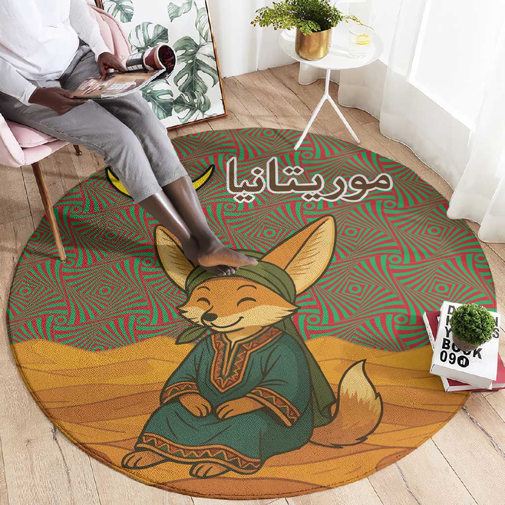 Mauritania Round Carpet - Cute Fennec Fox and Arabic Calligraphy Desert Design