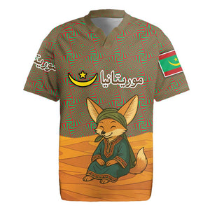 Mauritania Rugby Jersey - Cute Fennec Fox and Arabic Calligraphy Desert Design