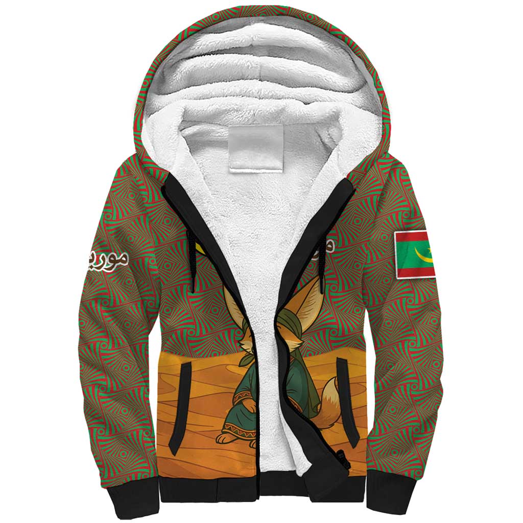 Mauritania Sherpa Hoodie - Cute Fennec Fox and Arabic Calligraphy Desert Design