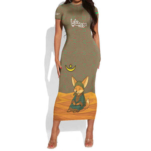 Mauritania Short Sleeve Bodycon Dress - Cute Fennec Fox and Arabic Calligraphy Desert Design TS04