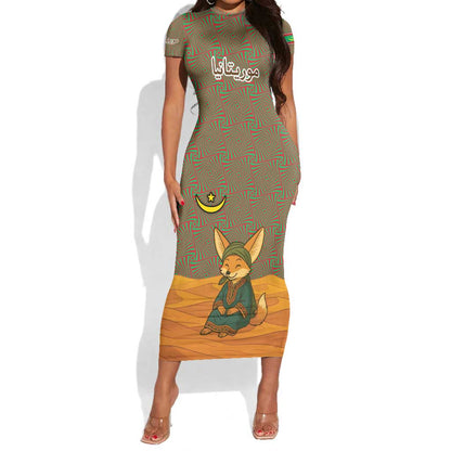 Mauritania Short Sleeve Bodycon Dress - Cute Fennec Fox and Arabic Calligraphy Desert Design TS04
