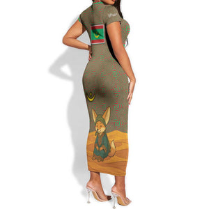Mauritania Short Sleeve Bodycon Dress - Cute Fennec Fox and Arabic Calligraphy Desert Design TS04