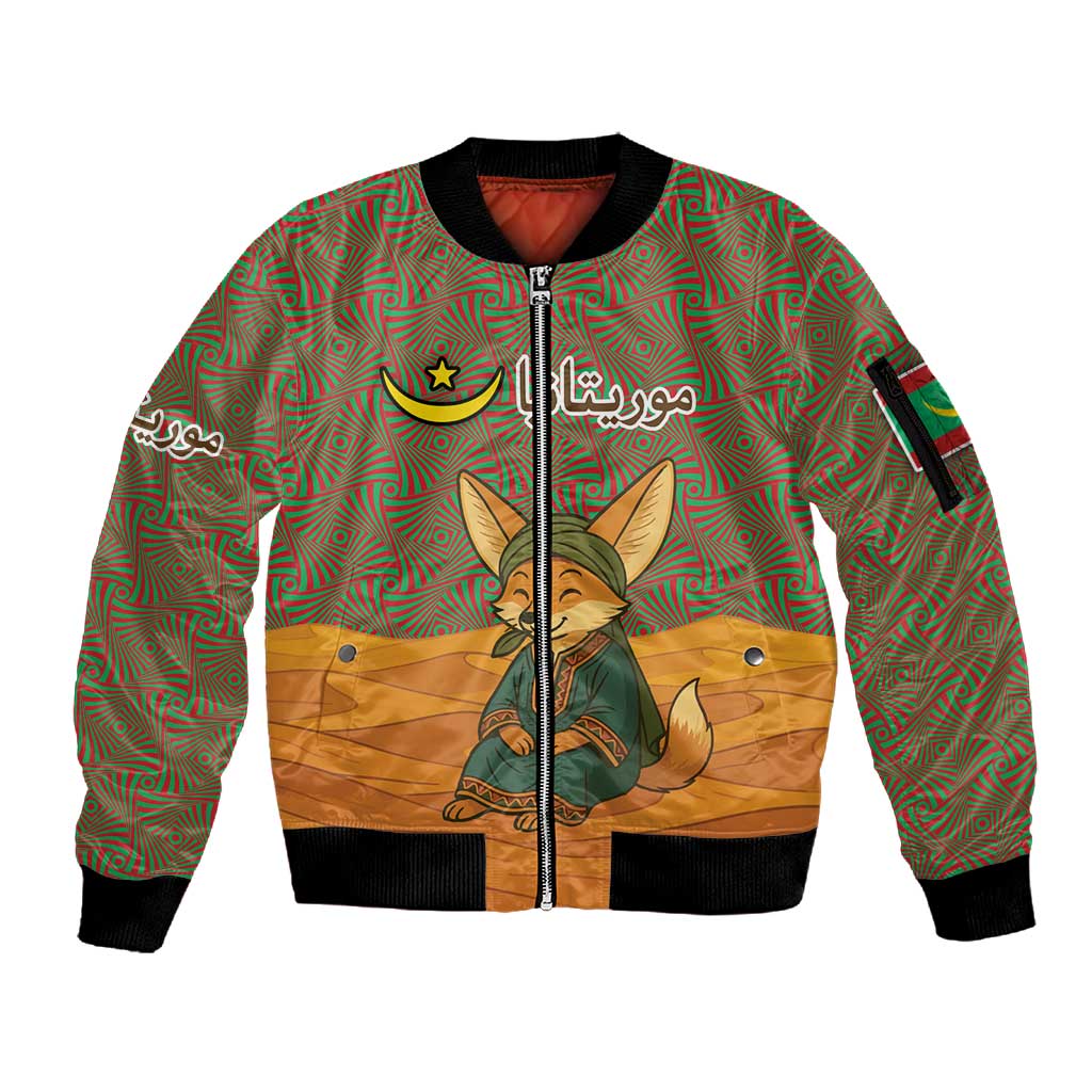 Mauritania Sleeve Zip Bomber Jacket - Cute Fennec Fox and Arabic Calligraphy Desert Design