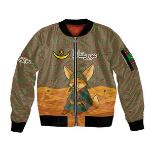 Mauritania Sleeve Zip Bomber Jacket - Cute Fennec Fox and Arabic Calligraphy Desert Design