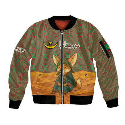 Mauritania Sleeve Zip Bomber Jacket - Cute Fennec Fox and Arabic Calligraphy Desert Design