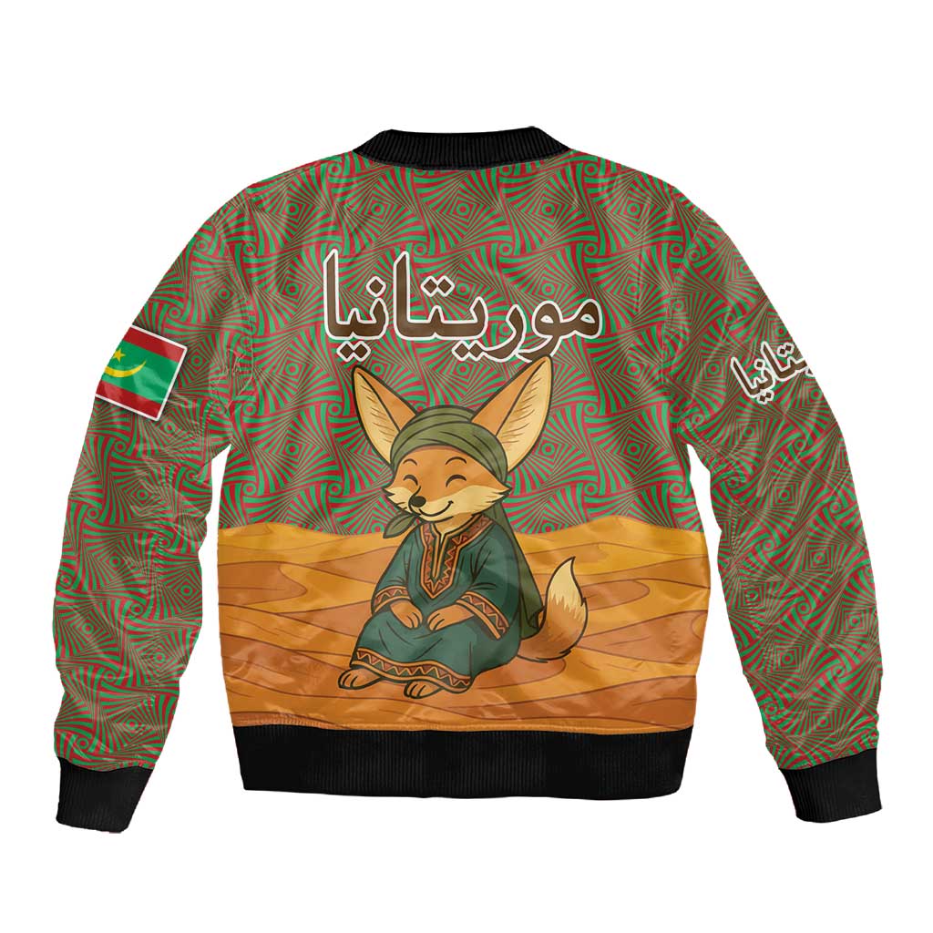 Mauritania Sleeve Zip Bomber Jacket - Cute Fennec Fox and Arabic Calligraphy Desert Design
