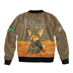 Mauritania Sleeve Zip Bomber Jacket - Cute Fennec Fox and Arabic Calligraphy Desert Design