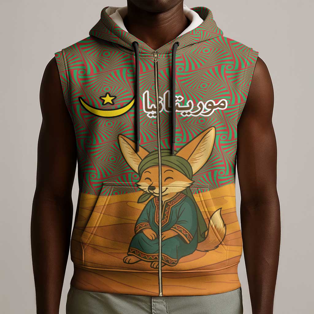 Mauritania Sleeveless Zip Hoodie - Cute Fennec Fox and Arabic Calligraphy Desert Design - African Pride