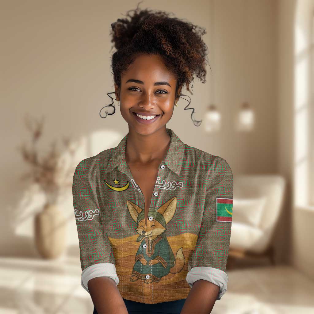Mauritania Women Casual Shirt - Cute Fennec Fox and Arabic Calligraphy Desert Design