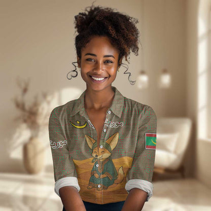 Mauritania Women Casual Shirt - Cute Fennec Fox and Arabic Calligraphy Desert Design