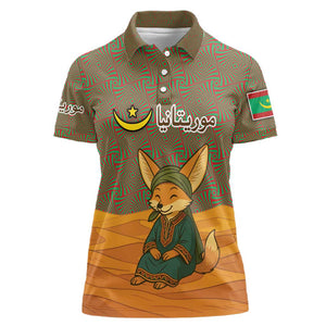 Mauritania Women Polo Shirt - Cute Fennec Fox and Arabic Calligraphy Desert Design