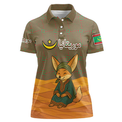 Mauritania Women Polo Shirt - Cute Fennec Fox and Arabic Calligraphy Desert Design