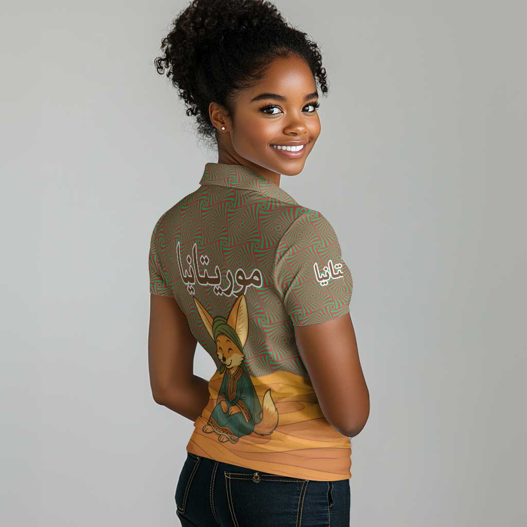 Mauritania Women Polo Shirt - Cute Fennec Fox and Arabic Calligraphy Desert Design